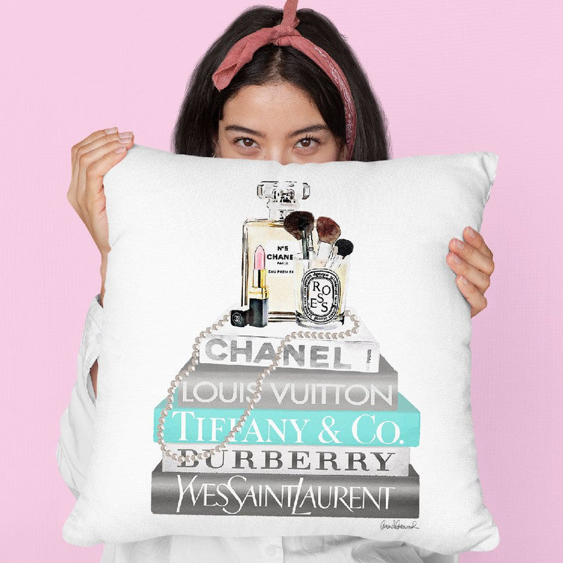 Silver Teal Book Stack With Pearls & Perfume Throw Pillow By Amanda Gr –  All About Vibe