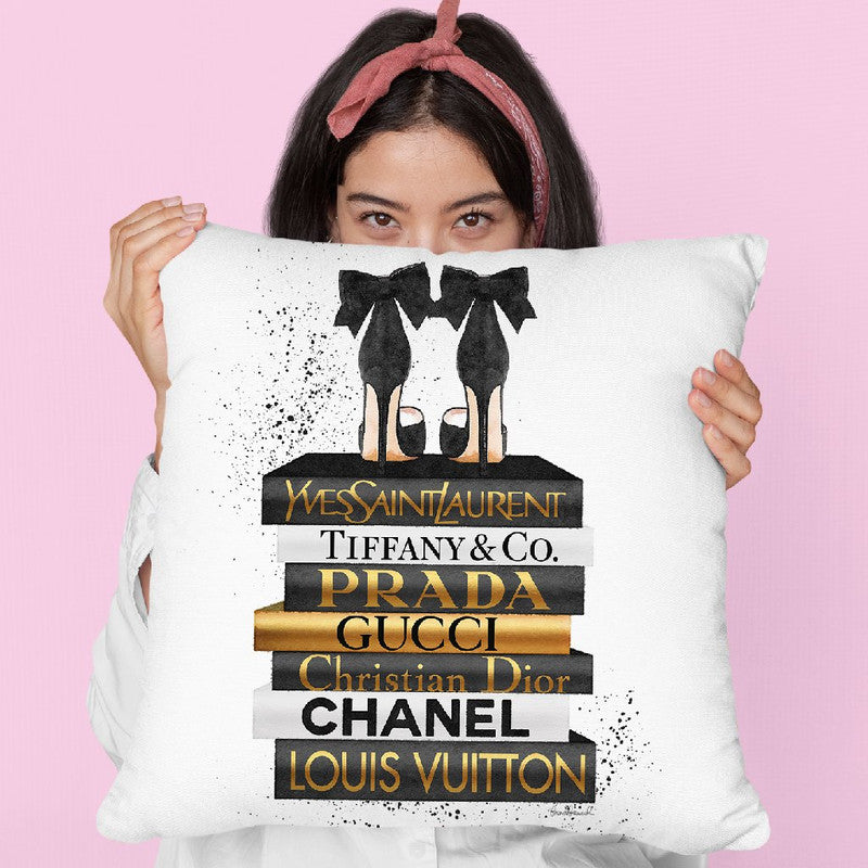 Gold & Black Book Stack With Black Heel Throw Pillow By Amanda Greenwo –  All About Vibe