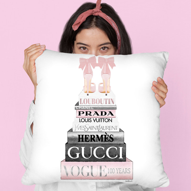Stupell Industries Pastel Pink Bow Heels Glam Fashion Bookstack Design by Amanda Greenwood Throw Pillow